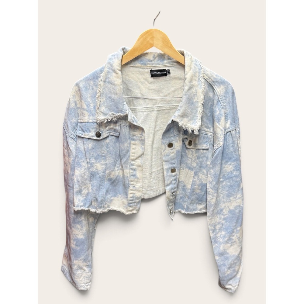 PrettyLittleThing Blue Acid Wash Cropped Denim Jacket Frayed Hem XL